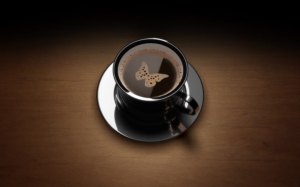 black coffee cup with saucer illustration HD wallpaper